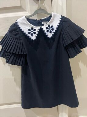 Girls Navy Dress Top with White Embroidered Peter Pan Collar